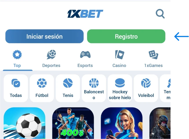 Busca el botón de Registro 1xbet Betapk Perú